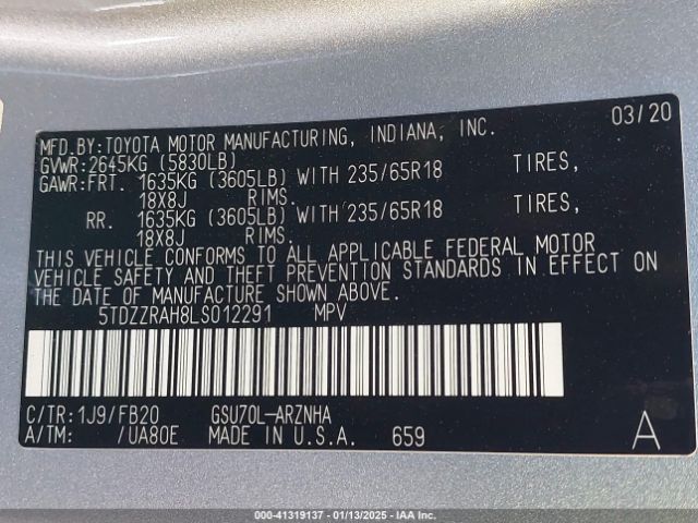 5TDZZRAH8LS012291 Toyota Highlander Le
