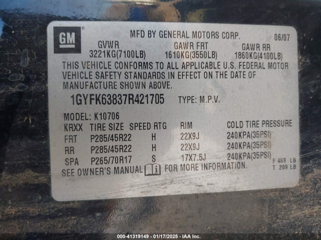 2007 CADILLAC ESCALADE 1GYFK63837R421705 Photo 8