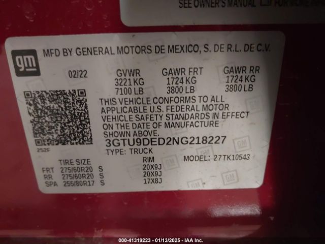 3GTU9DED2NG218227 GMC Sierra 1500 Limited 4wd  Short Box Slt