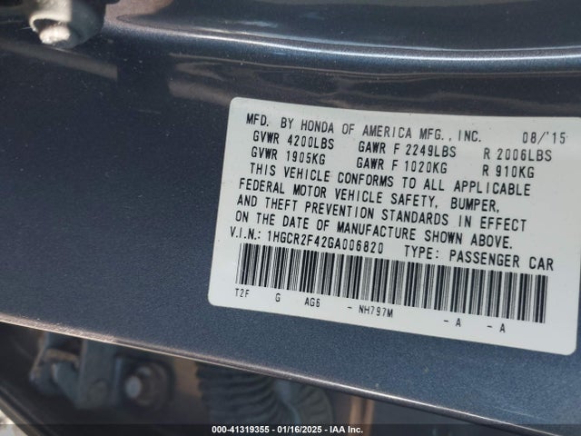 Honda ACCORD LX 2016 1HGCR2F42GA006820 Image 9