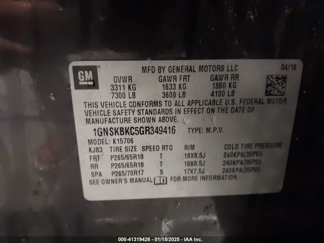 Chevrolet Tahoe Lt 2016 1GNSKBKC5GR349416 Image 9