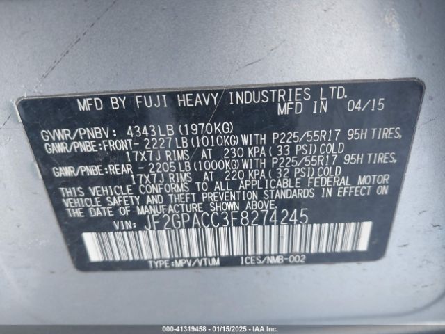 JF2GPACC3F8274245 Subaru Xv Crosstrek 2.0i Premium