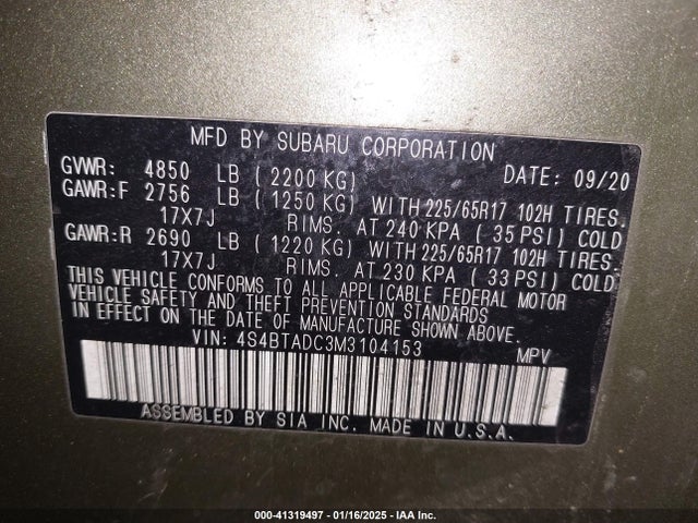 4S4BTADC3M3104153 Subaru Outback Premium