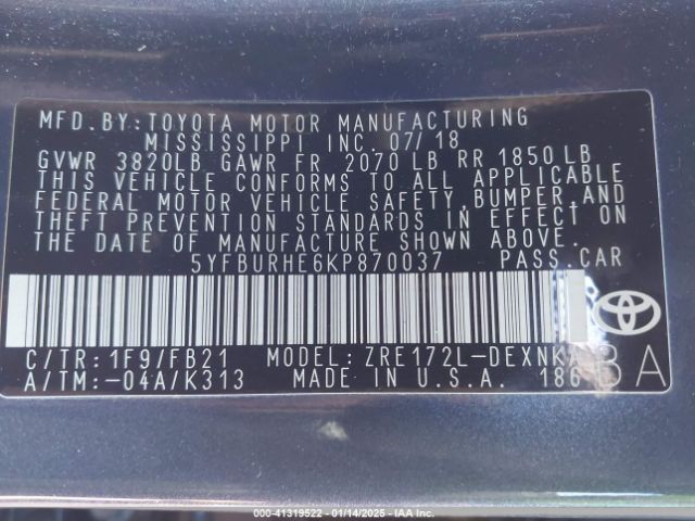 5YFBURHE6KP870037 Toyota Corolla L/le/xle/se/xse