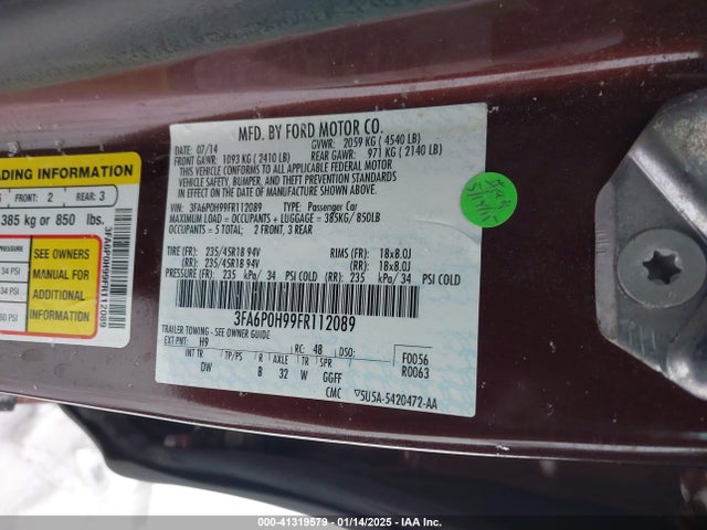 Ford FUSION SE 2015 3FA6P0H99FR112089 Image 9