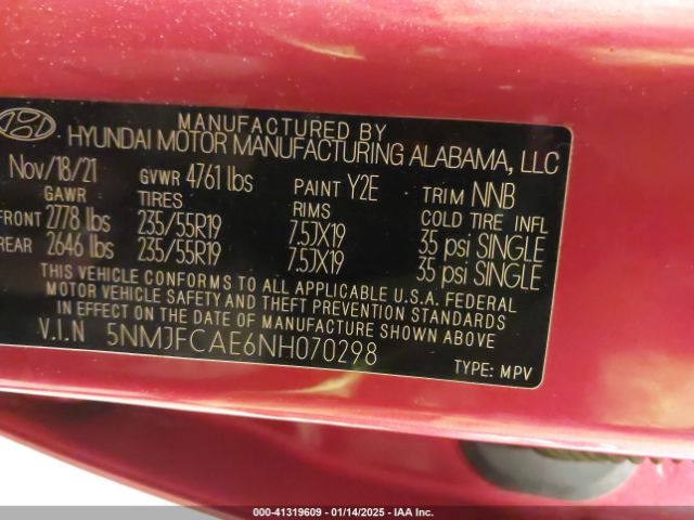5NMJFCAE6NH070298 Hyundai TUCSON SEL