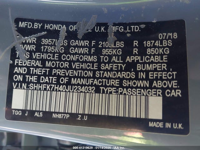 Продажа на аукционе авто 2018 Honda Civic Sport, vin: SHHFK7H40JU234032, номер лота: 41319629