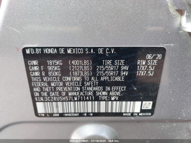 3CZRU5H57LM711411 Honda Hr-v 2wd Ex