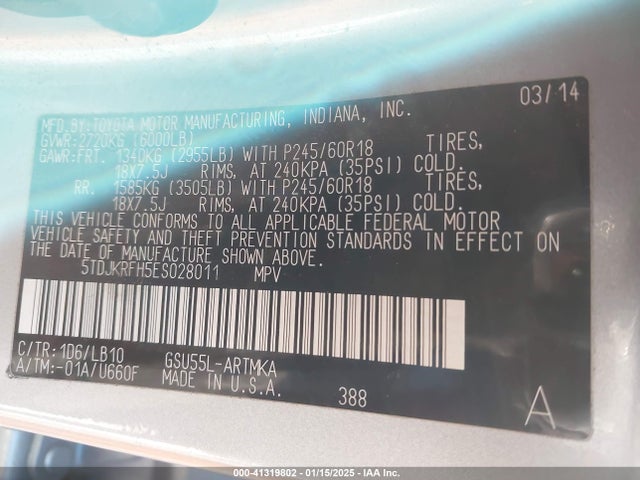Toyota Highlander Xle V6 2014 5TDJKRFH5ES028011 Image 9