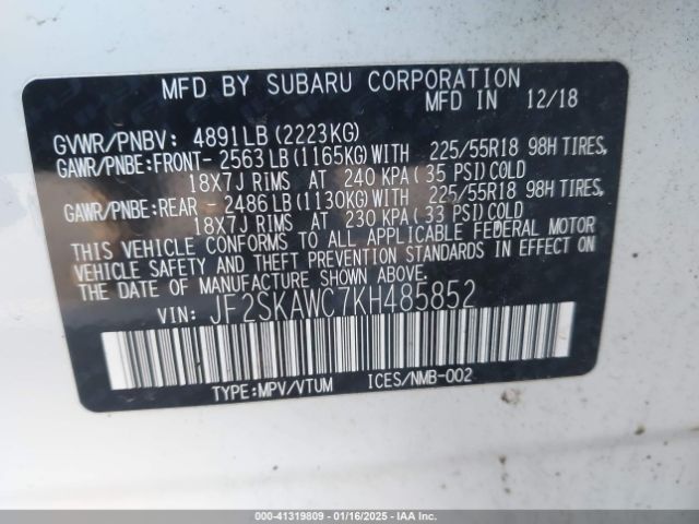 JF2SKAWC7KH485852 Subaru Forester Touring