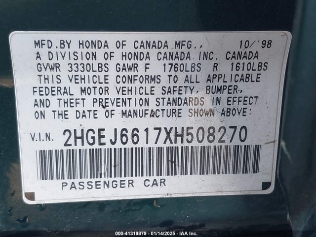 Aukcja sprzedaży 1999 Honda Civic Value Package, vin: 2HGEJ6617XH508270, numer aukcji: 41319879