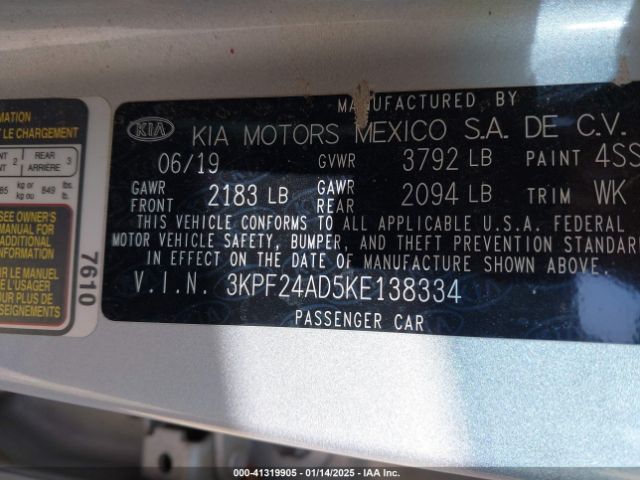 3KPF24AD5KE138334 KIA Forte Lxs