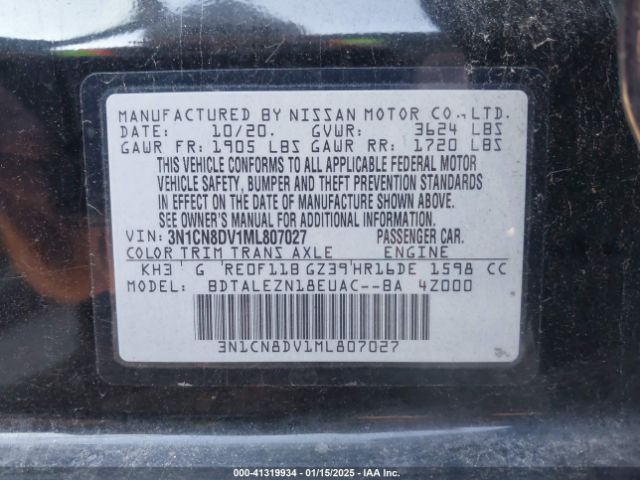 3N1CN8DV1ML807027 Nissan Versa S Xtronic Cvt