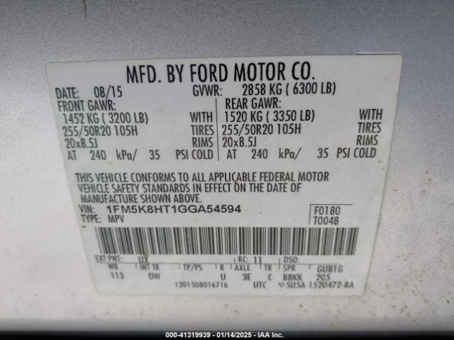 1FM5K8HT1GGA54594 Ford Explorer Platinum