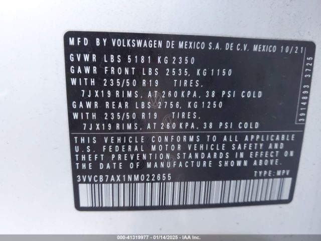 3VVCB7AX1NM022655 Volkswagen Tiguan 2.0t Se R-line Black