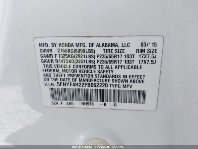 5FNYF4H22FB062220 Honda PILOT LX