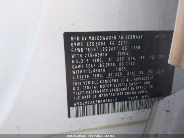 WVGBV7AX2HK026612 Volkswagen Tiguan 2.0t/2.0t S