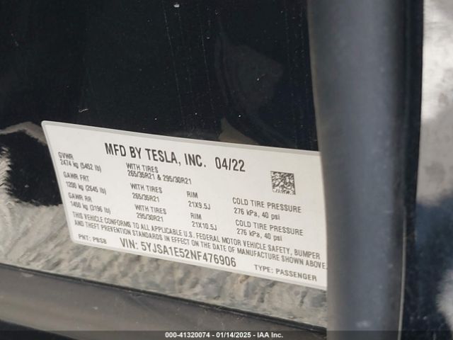 5YJSA1E52NF476906 Tesla Model S Dual Motor All-wheel Drive