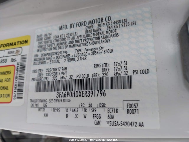 Ford FUSION SE 2014 3FA6P0HDXER391796 Image 9