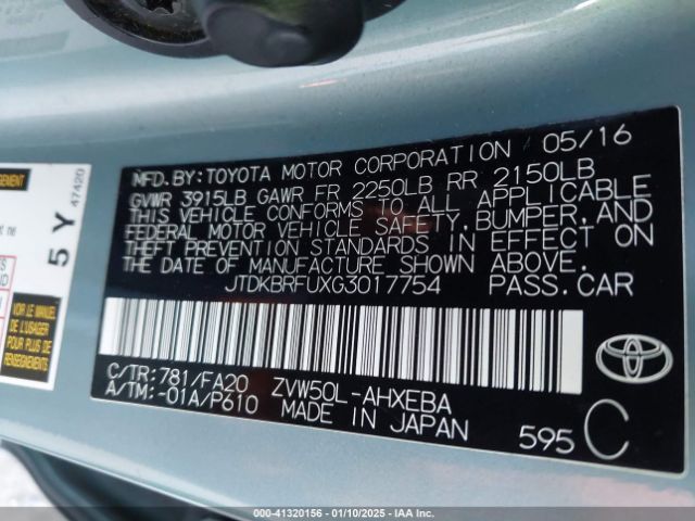 JTDKBRFUXG3017754 Toyota Prius Two