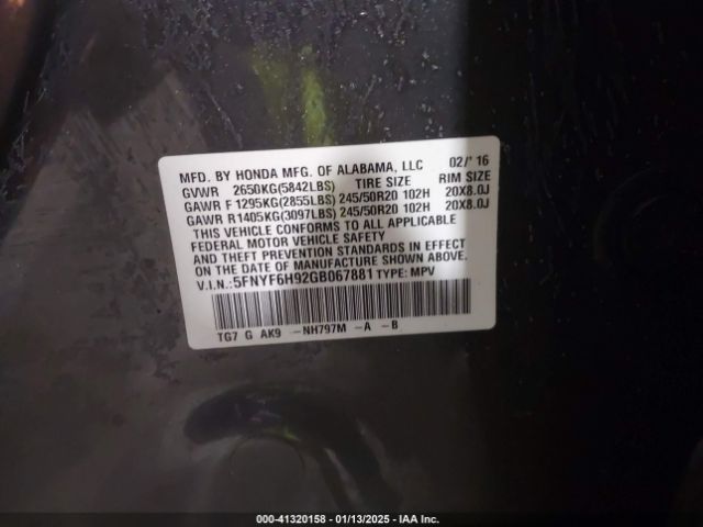 5FNYF6H92GB067881 Honda Pilot Touring