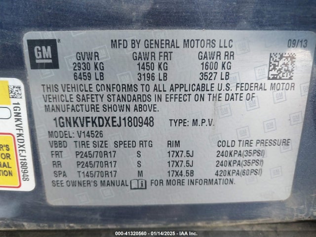 Chevrolet Traverse Ls 2014 1GNKVFKDXEJ180948 Image 9