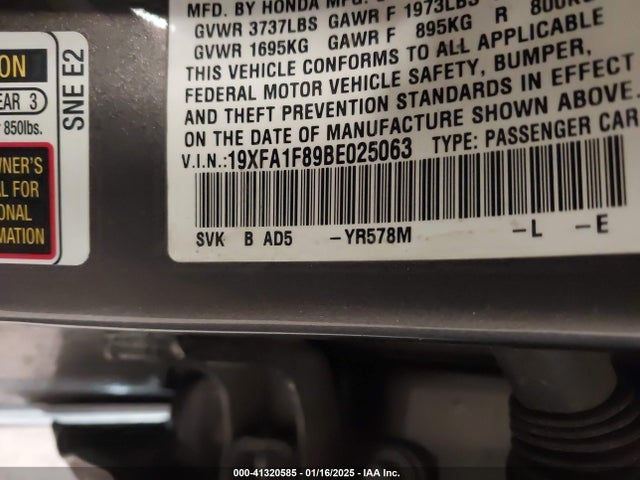 41320585 :رقم المزاد ، 19XFA1F89BE025063 vin ، 2011 Honda Civic Ex مزاد بيع