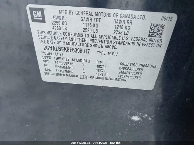 Chevrolet EQUINOX 1LT 2015 2GNALBEK8F6398017 Image 9
