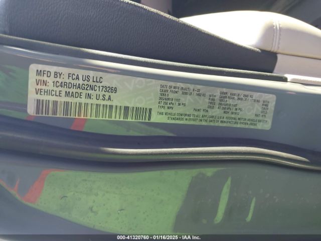 1C4RDHAG2NC173269 Dodge Durango Sxt Rwd