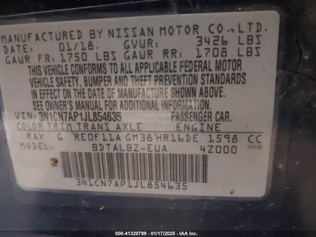 3N1CN7AP1JL854635 Nissan Versa 1.6 Sv