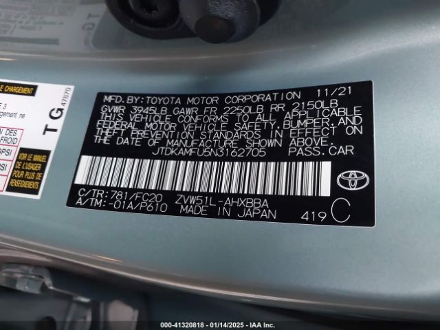 JTDKAMFU5N3162705 Toyota Prius L
