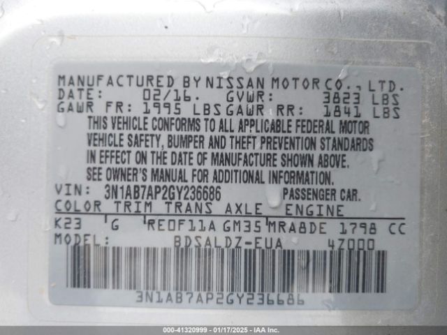 3N1AB7AP2GY236686 Nissan Sentra Fe+ S/s/sl/sr/sv