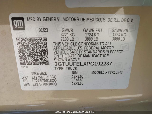 3GTUUFELXPG192237 GMC Sierra 1500 4wd  Short Box At4x
