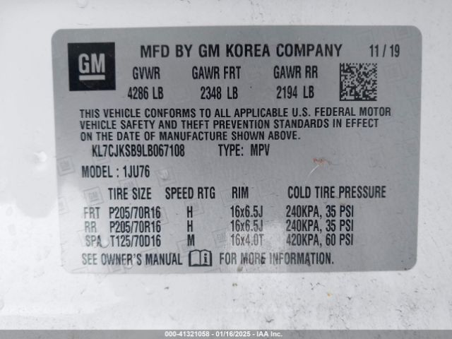 KL7CJKSB9LB067108 Chevrolet Trax Fwd Ls