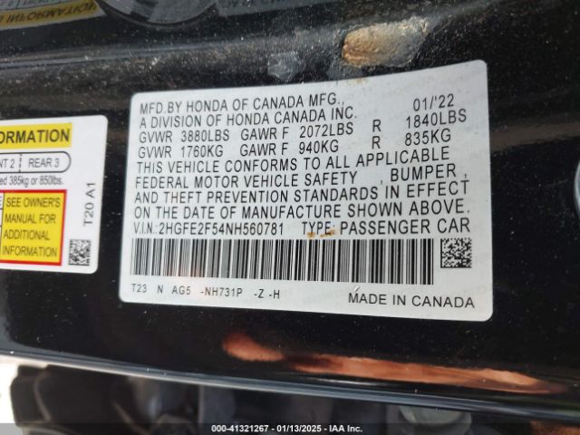 2HGFE2F54NH560781 Honda Civic Sport