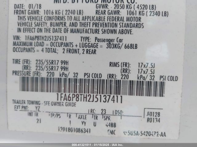 1FA6P8TH2J5137411 Ford Mustang Ecoboost