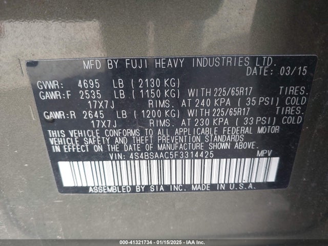 4S4BSAAC5F3314425 Subaru Outback 2.5i