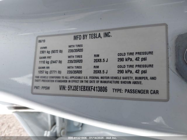 5YJ3E1EBXKF413806 Tesla Model 3 Long Range/performance