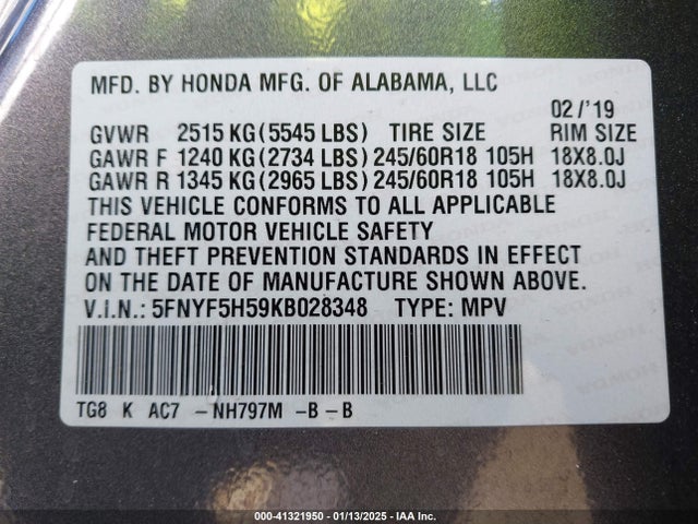 Honda Pilot Ex-l 2019 5FNYF5H59KB028348 Image 9