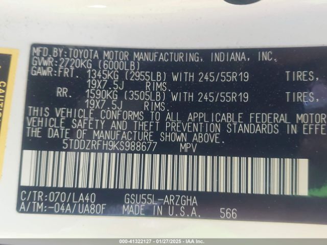 5TDDZRFH9KS988677 Toyota Highlander Limited Platinum