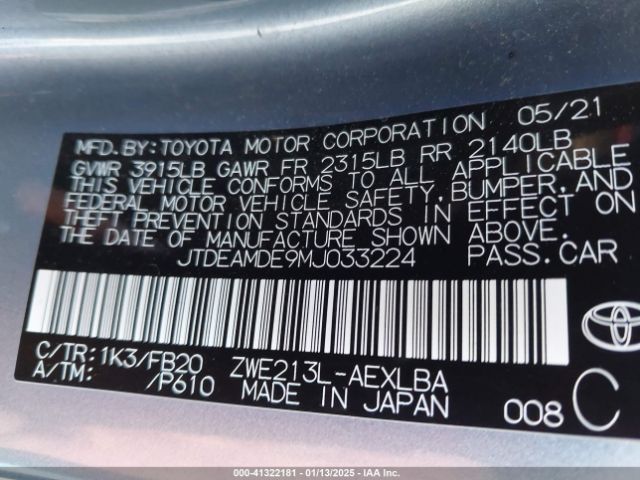 JTDEAMDE9MJ033224 Toyota Corolla Hybrid Le