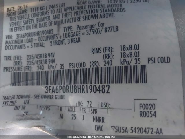 3FA6P0RU8HR190482 Ford Fusion Hybrid Titanium