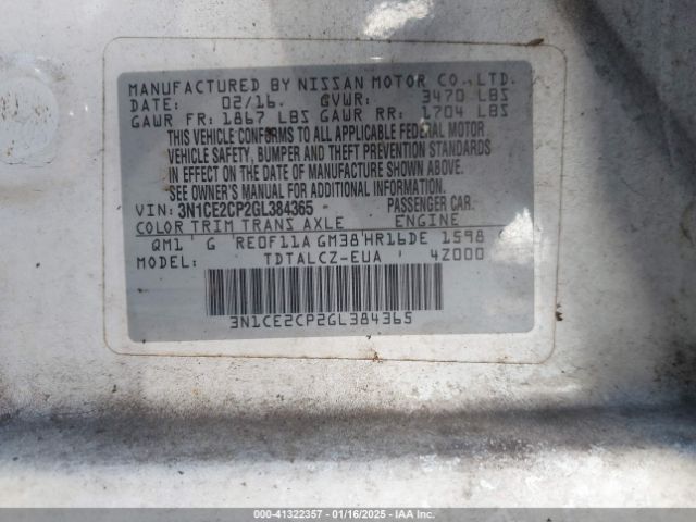 3N1CE2CP2GL384365 Nissan Versa Note S Plus