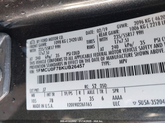 1FMCU0F78KUB26457 Ford ESCAPE S