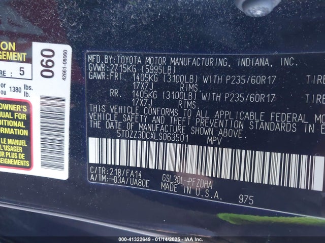 5TDZZ3DCXLS063501 Toyota Sienna L