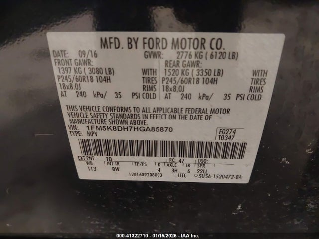 1FM5K8DH7HGA85870 Ford EXPLORER XLT