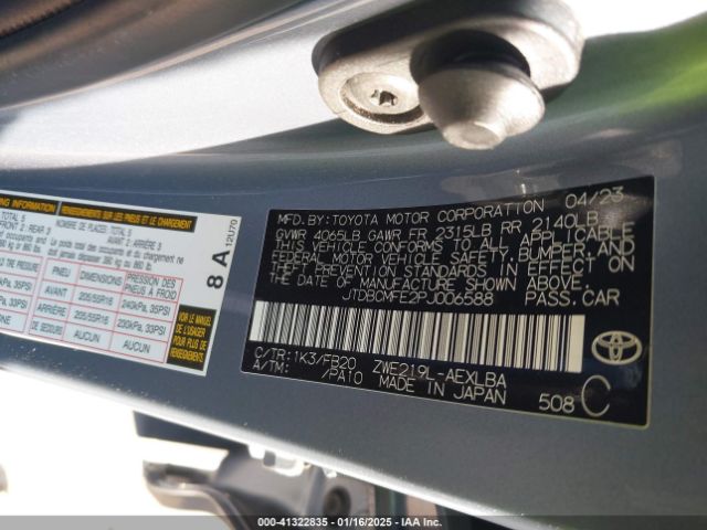 JTDBCMFE2PJ006588 Toyota Corolla Hybrid Le