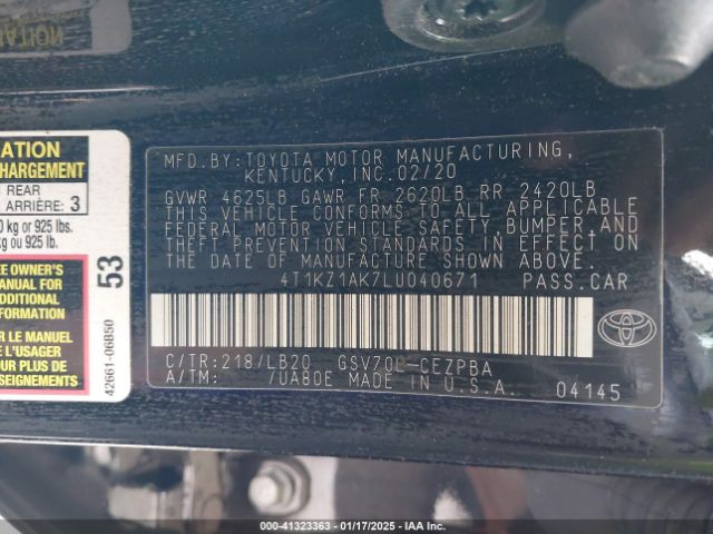 4T1KZ1AK7LU040671 Toyota Camry Xse V6