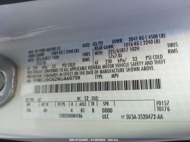 1FMCU9G62NUA60759 Ford ESCAPE SE