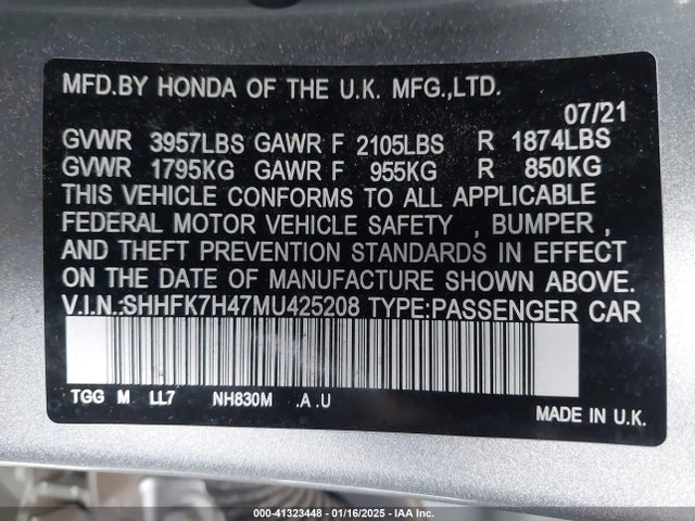 SHHFK7H47MU425208 Honda Civic Sport